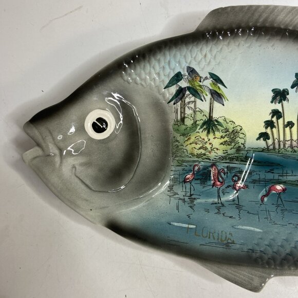 Vntg Kenmar Fish Platter Plate Ceramic Flamingos Palm Trees Tropical Japan 15" - Picture 2 of 8